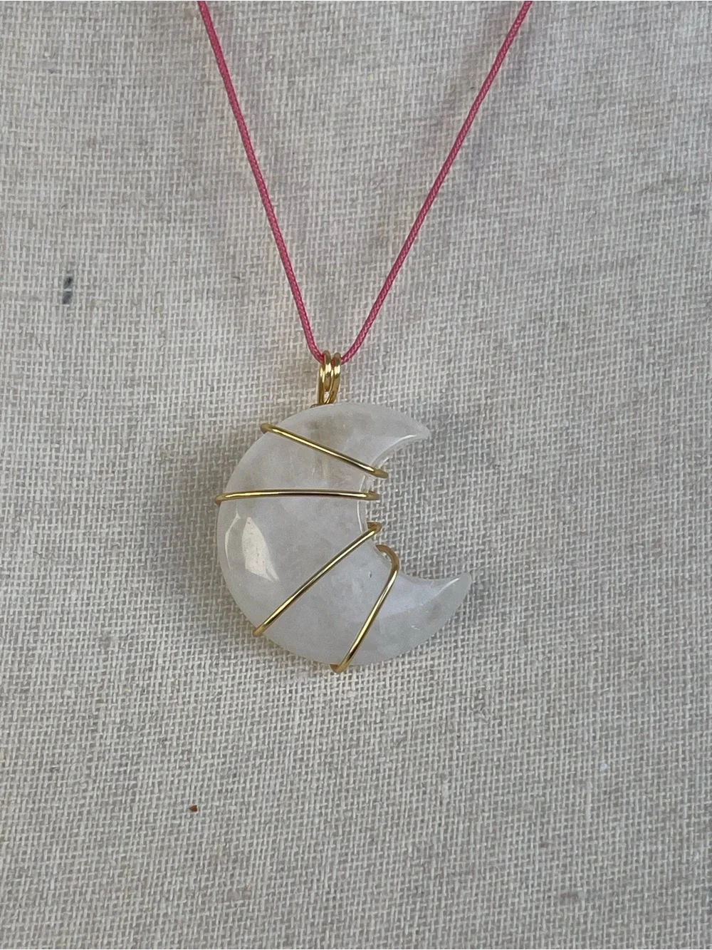 Clear Quartz Moon Gold Tone Wire Wrap on Pink Nylon Cord Handmade